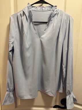 Light Blue V-Neck Ruffle Collar Women's Top